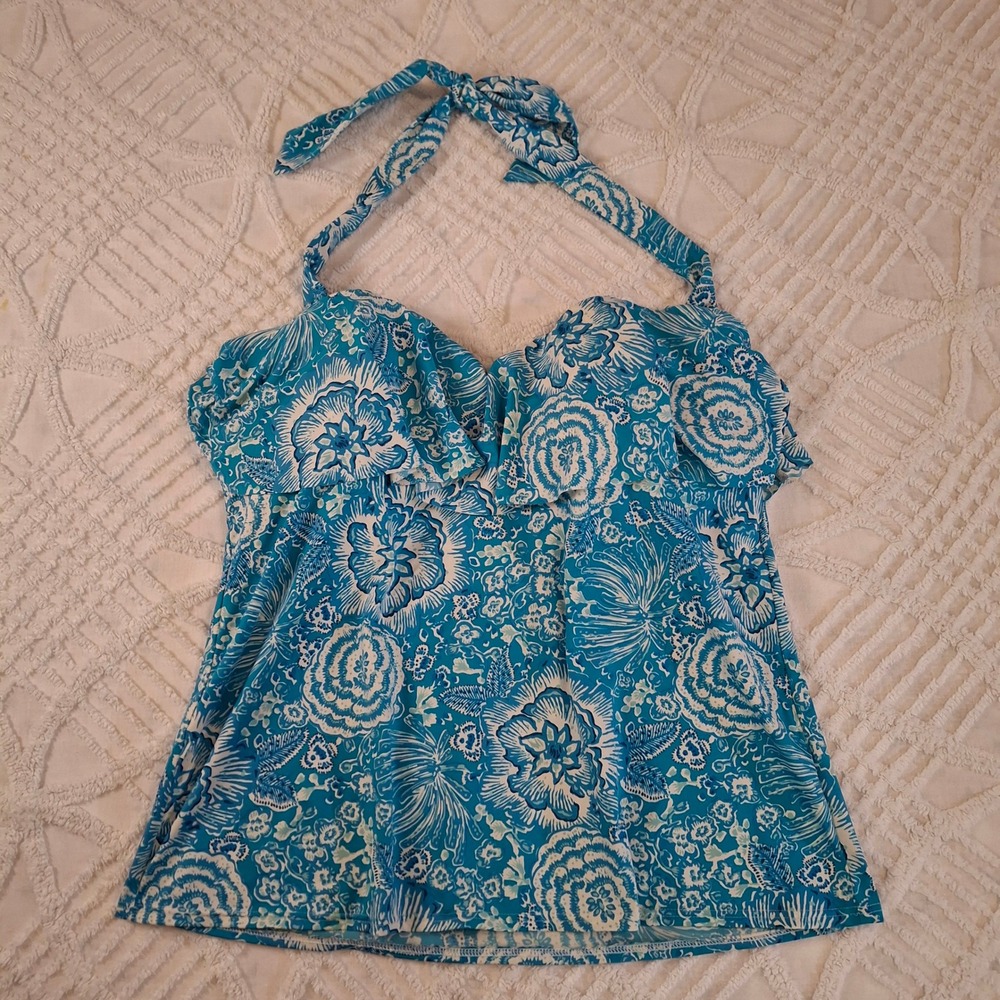 Lands' End Womens 18 Tankini Top Blue Floral Halter Ruffle Underwire Swimwear